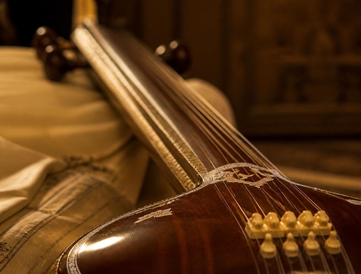 Close detail of resonant tanpura strings in warm light