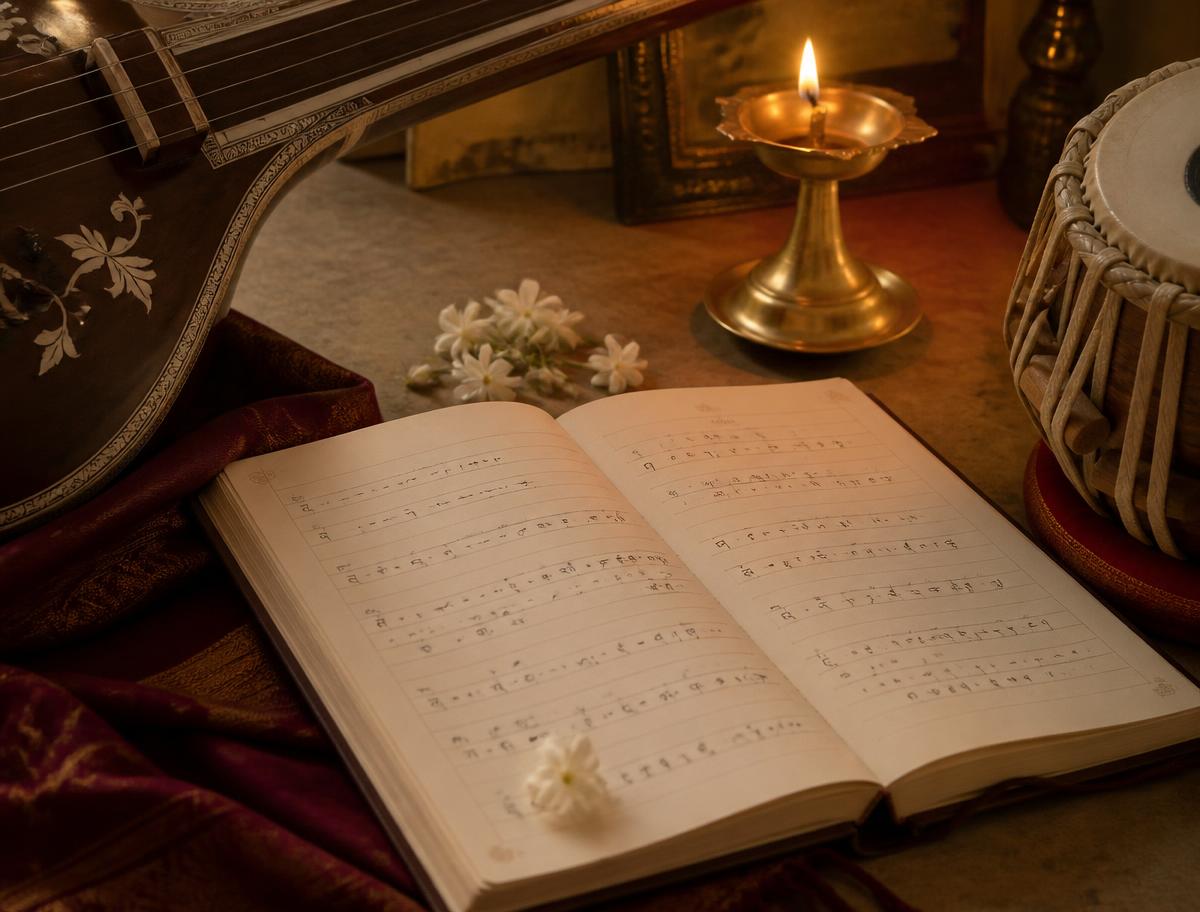 A music notebook, tanpura, tabla, jasmine and lamp arranged for rāga practice