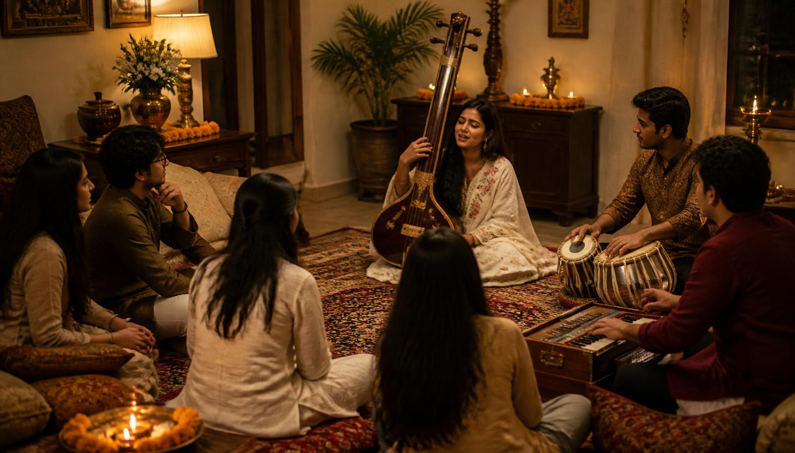 An intimate Hindustani music baithak with listeners gathered around artists in warm lamplight
