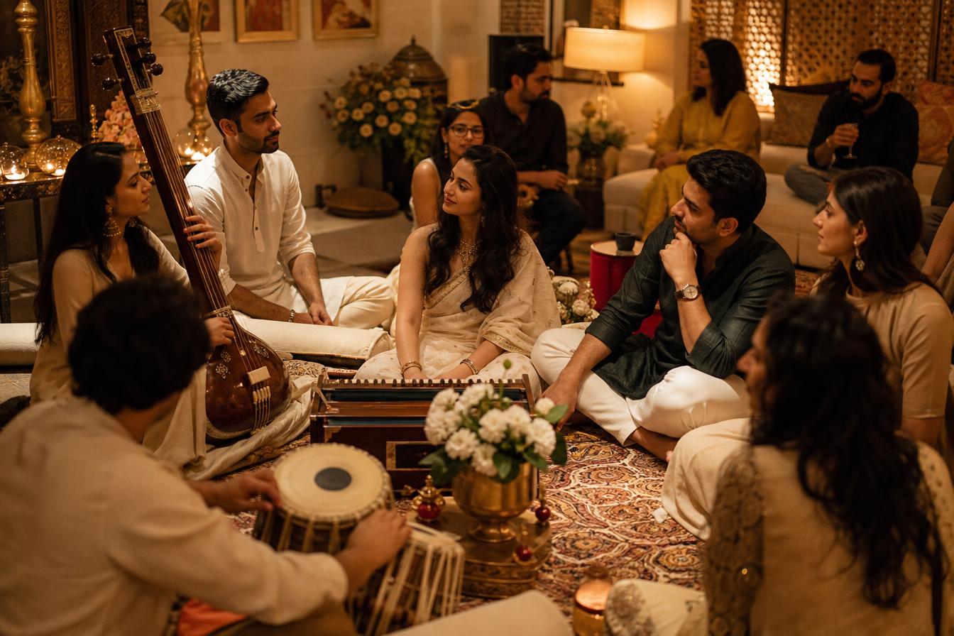A warm, intimate Hindustani music baithak with guests of mixed ages seated on floor cushions around tanpura and tabla in lamplight
